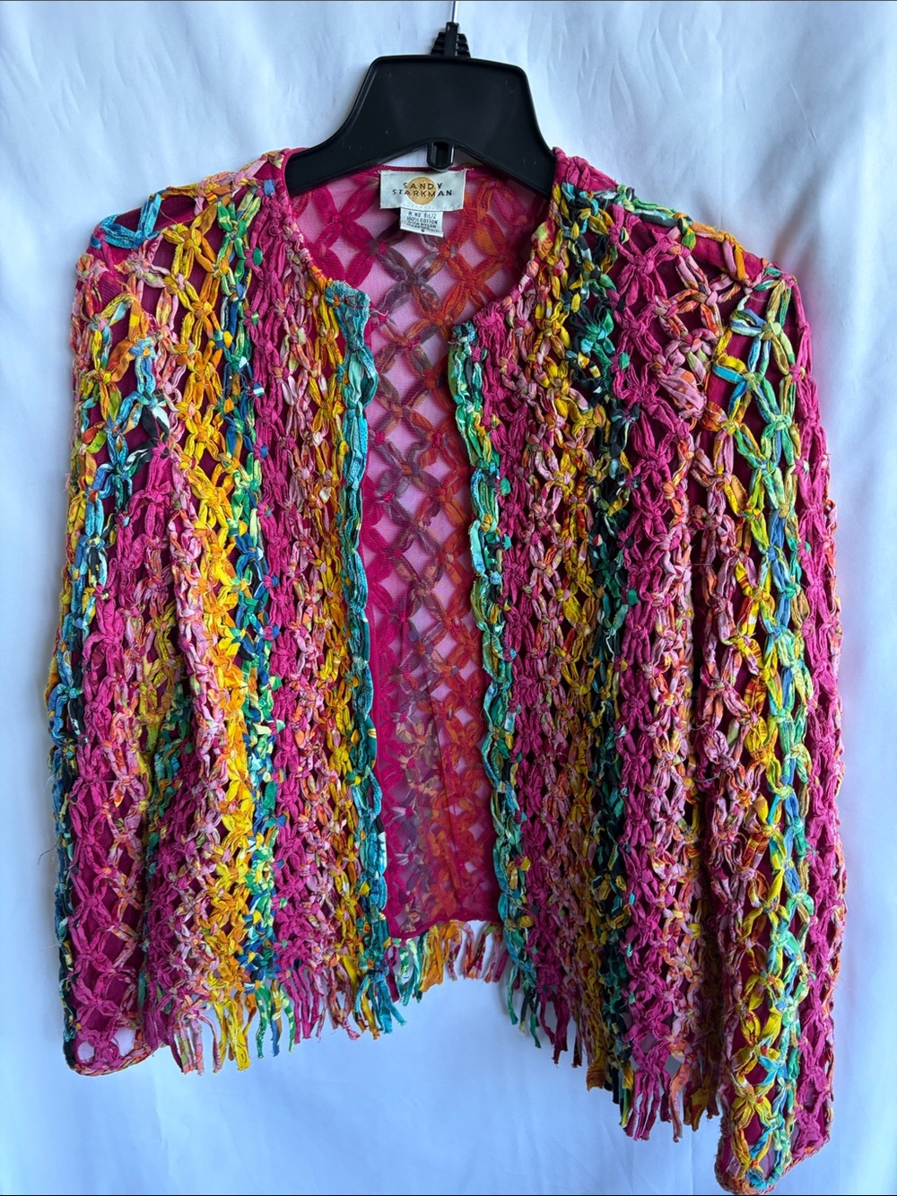 Sandy Starkman Macrame Fringe Rainbow Ombre Open Jacket Sz S, 24”PTP,  24” L